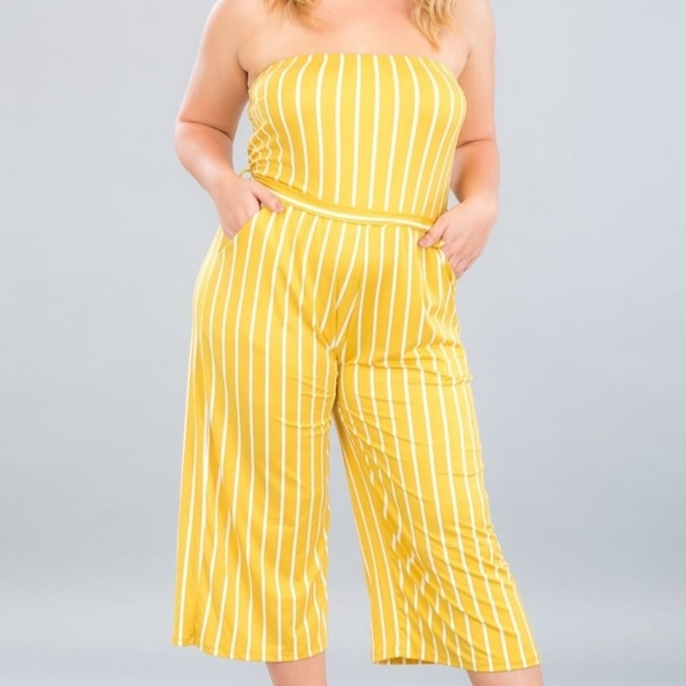 Plus Size mustard stripe jumpsuit with pockets